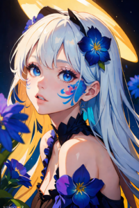 花と少女『蒼夜の華眼』イラストと塗り絵用線画【無料画像素材 - 商用利用可】