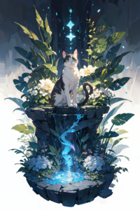 『静謐の庭園』 おしゃれな猫のイラスト・線画・プロンプト【フリー画像素材 - 商用利用可】