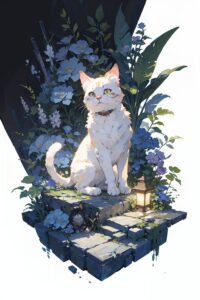 『植物の砦』 おしゃれな猫のイラスト・線画・プロンプト【フリー画像素材 - 商用利用可】