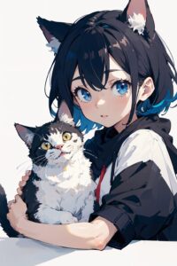 『蒼いまなざし』 おしゃれな猫のイラスト・線画・プロンプト【フリー画像素材 - 商用利用可】