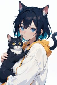 『少女と彼女の猫』 おしゃれな猫のイラスト・線画・プロンプト【フリー画像素材 - 商用利用可】