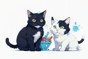 『アトリエの小さな主役たち』 おしゃれな猫のイラスト・線画・プロンプト【フリー画像素材 - 商用利用可】