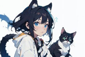 『猫耳の少女とふわふわの友』 おしゃれな猫のイラスト・線画・プロンプト【フリー画像素材 - 商用利用可】