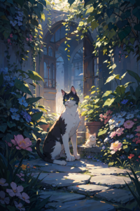 『城壁の猫』 おしゃれな猫のイラスト・線画・プロンプト【フリー画像素材 - 商用利用可】