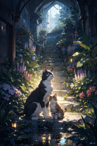 『石畳と花々』 おしゃれな猫のイラスト・線画・プロンプト【フリー画像素材 - 商用利用可】